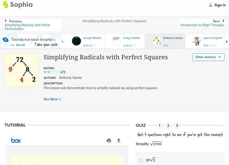 Sophia: Simplifying Radicals With Perfect Squares: Lesson 1 PPT Sophia: Simplifying Radicals With Perfect Squares: Lesson 1 PPT