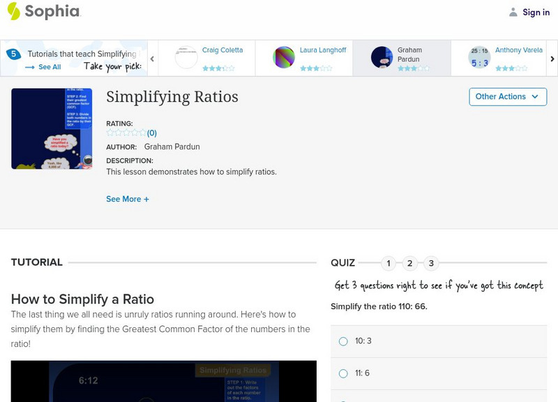 Sophia: Simplifying Ratios: Lesson 2 Instructional Video Sophia: Simplifying Ratios: Lesson 2 Instructional Video