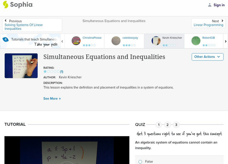 Sophia: Simultaneous Equations and Inequalities: Lesson 2 Instructional Video Sophia: Simultaneous Equations and Inequalities: Lesson 2 Instructional Video