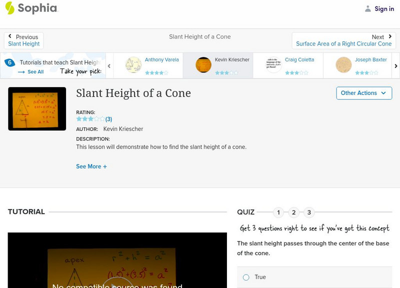 Sophia slant height of a cone lesson 1 instructional video for 9th