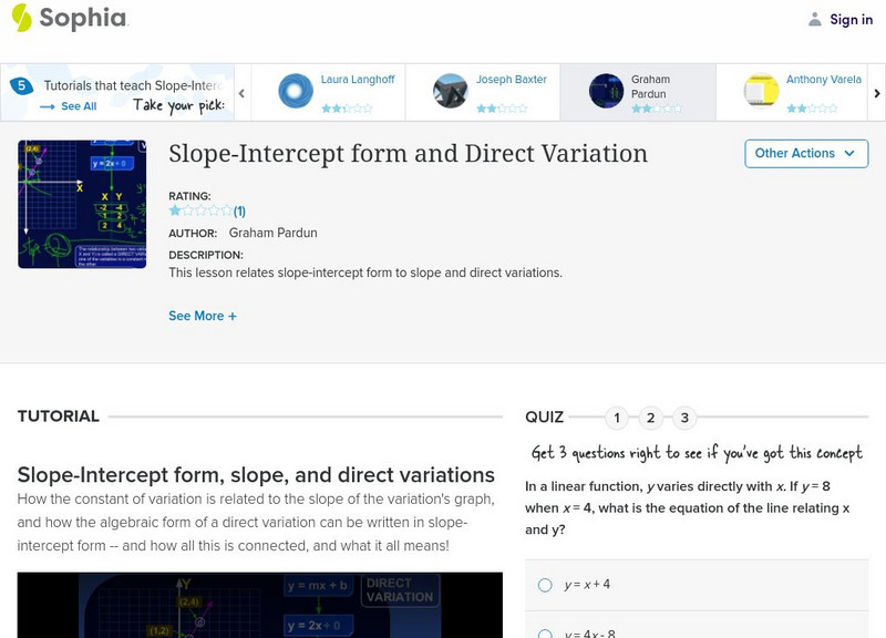 Sophia: Slope Intercept Form and Direct Variation: Lesson 3 Instructional Video Sophia: Slope Intercept Form and Direct Variation: Lesson 3 Instructional Video