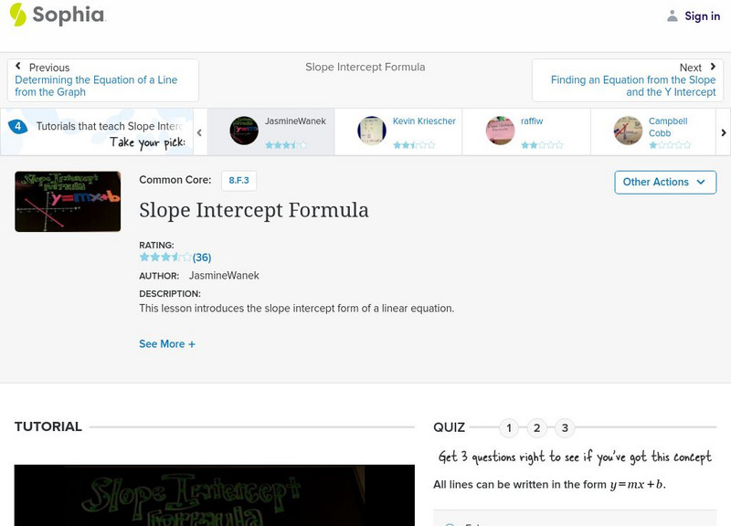 Sophia: Slope Intercept Formula: Lesson 5 Instructional Video