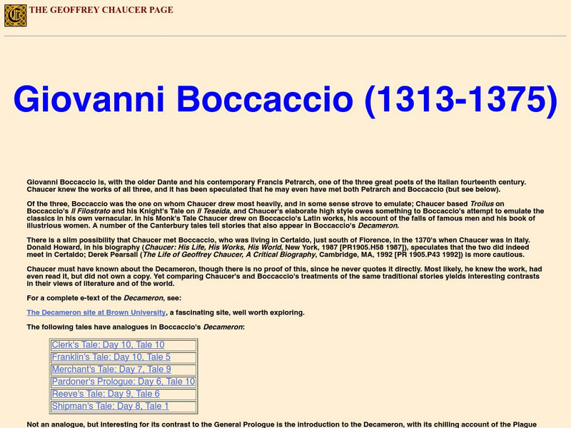 The Chaucer Page: Giovanni Boccaccio Website The Chaucer Page: Giovanni Boccaccio Website