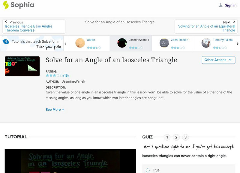 Sophia: Solve for an Angle of an Isosceles Triangle: Lesson 8 Instructional Video
