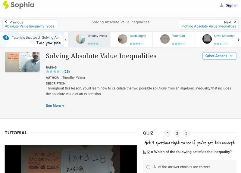 Sophia: Solving Absolute Value Inequalities: Lesson 4 Instructional Video