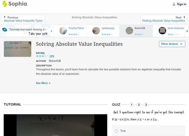 Sophia: Solving Absolute Value Inequalities: Lesson 7 Instructional Video