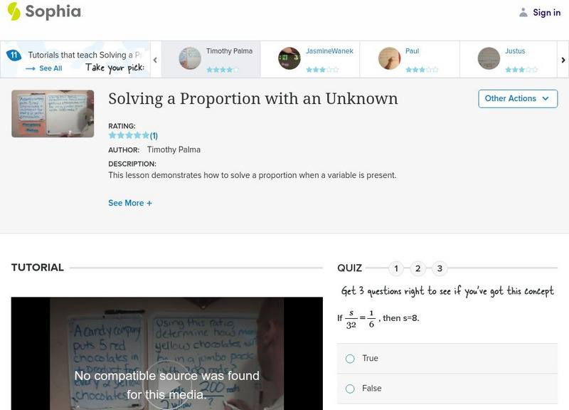 Sophia: Solving a Proportion With an Unknown: Lesson 11 Instructional Video Sophia: Solving a Proportion With an Unknown: Lesson 11 Instructional Video