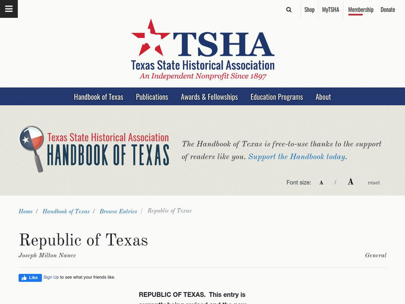 Texas State Historical Association: Republic of Texas Article Texas State Historical Association: Republic of Texas Article