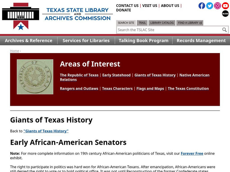 Texas State Library and Archives Commission: Early African American Senators Handout Texas State Library and Archives Commission: Early African American Senators Handout