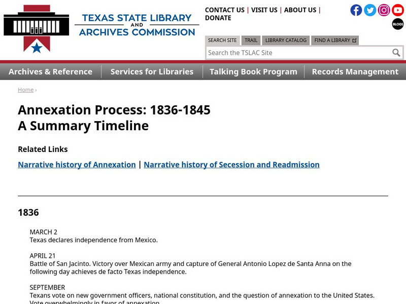 Texas State Library and Archives Commission: Annexation Process: 1836 1845 a Summary Timeline Handout Texas State Library and Archives Commission: Annexation Process: 1836 1845 a Summary Timeline Handout