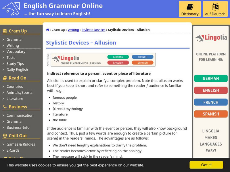 English Grammar Online: Stylistic Devices: Allusion Handout English Grammar Online: Stylistic Devices: Allusion Handout