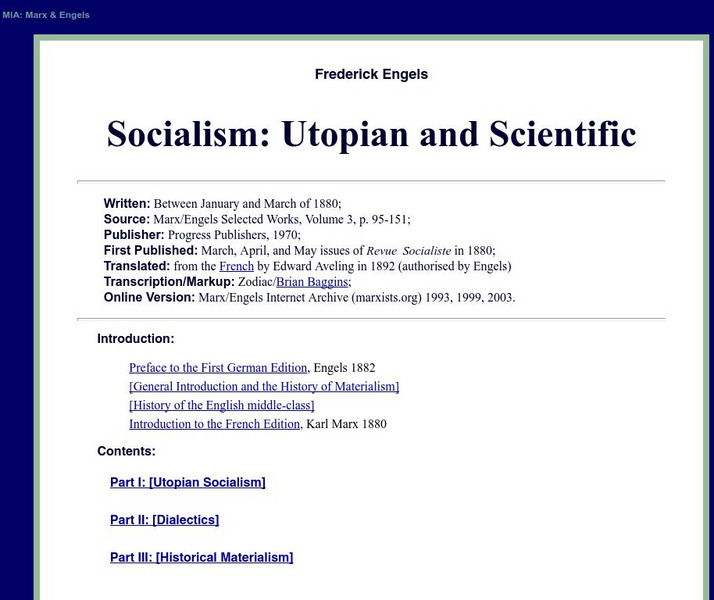 Fredrick Engels' Socialism: Utopian and Scientific Primary