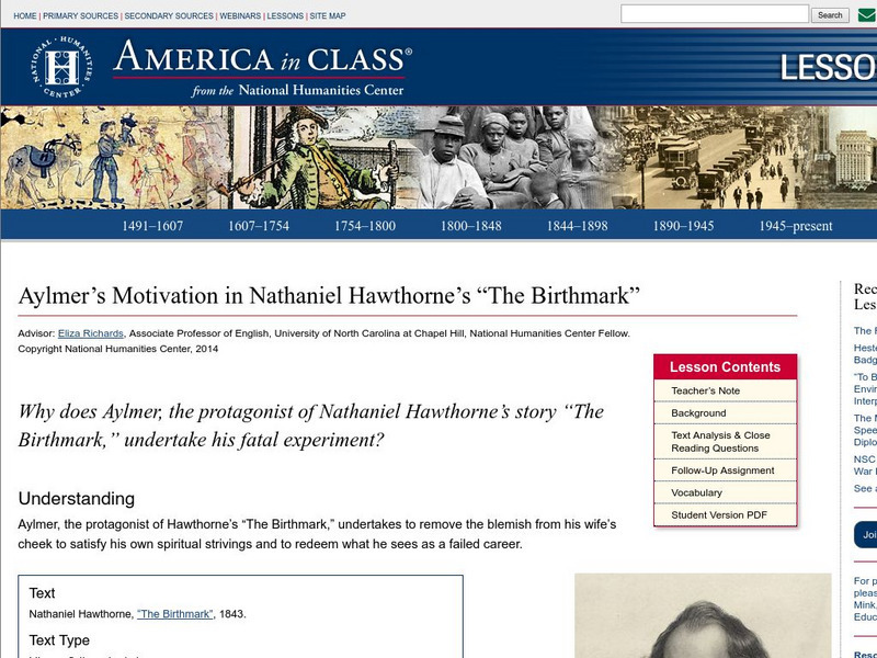National Humanities Center: America in Class: Aylmer's Motivation in Nathaniel Hawthorne's "The Birthmark" Lesson Plan