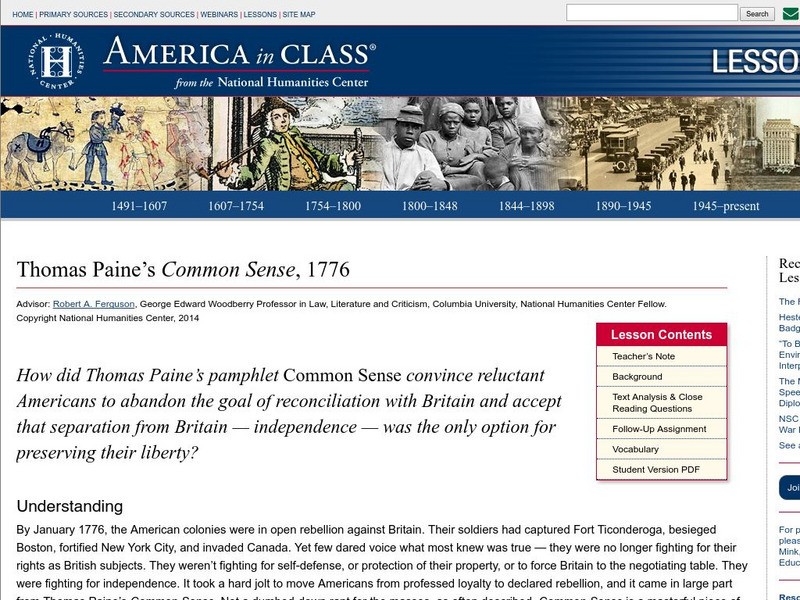 National Humanities Center: America in Class: Thomas Paine's Common Sense, 1776 Lesson Plan National Humanities Center: America in Class: Thomas Paine's Common Sense, 1776 Lesson Plan