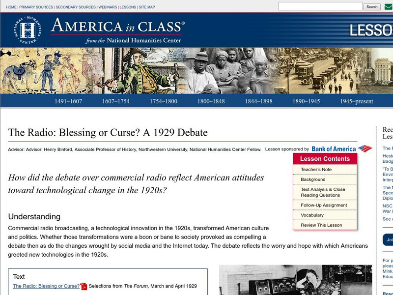 National Humanities Center: America in Class: The Radio: Blessing or Curse? A 1929 Debate Lesson Plan National Humanities Center: America in Class: The Radio: Blessing or Curse? A 1929 Debate Lesson Plan