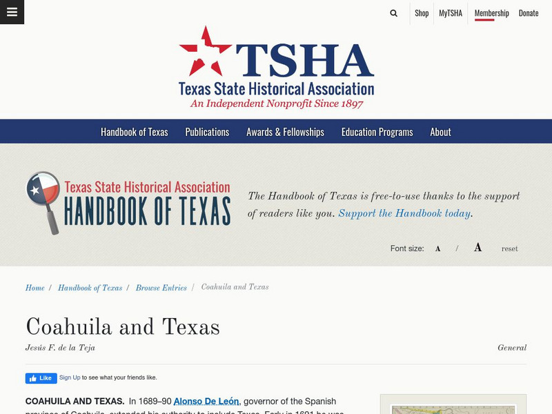 Texas State Historical Association: Coahuila and Texas Article