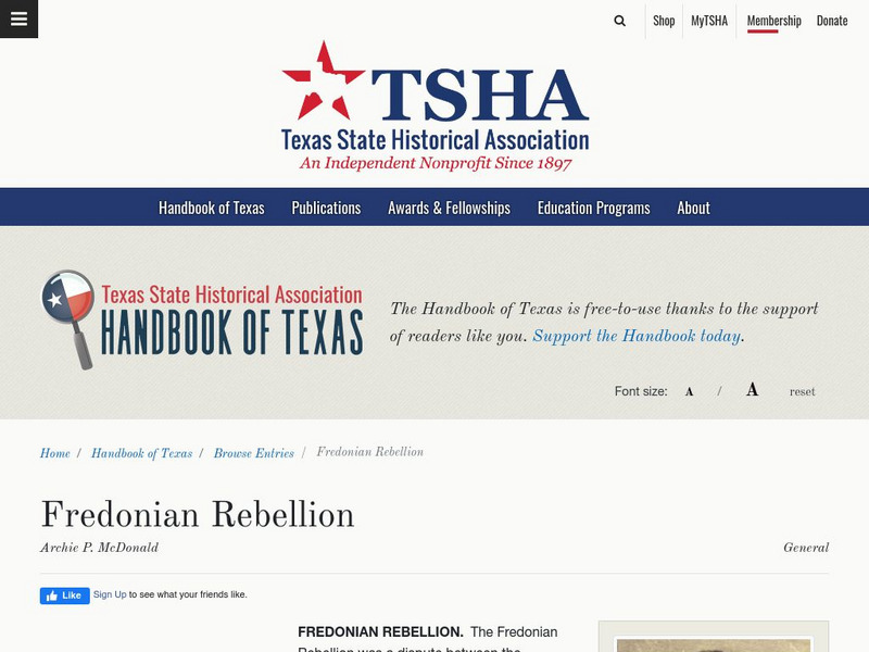 Texas State Historical Association: Fredonian Rebellion Article
