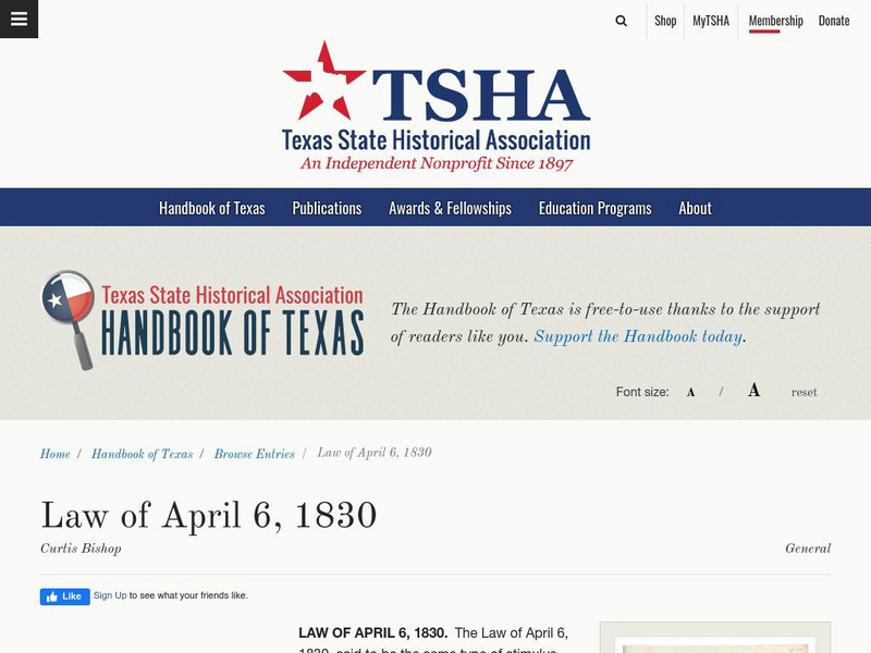 Texas State Historical Association: The Law of April 6, 1830 Article
