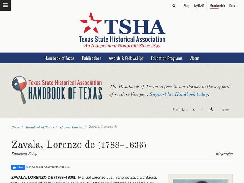 Texas State Historical Association: Lorenzo De Zavala Article