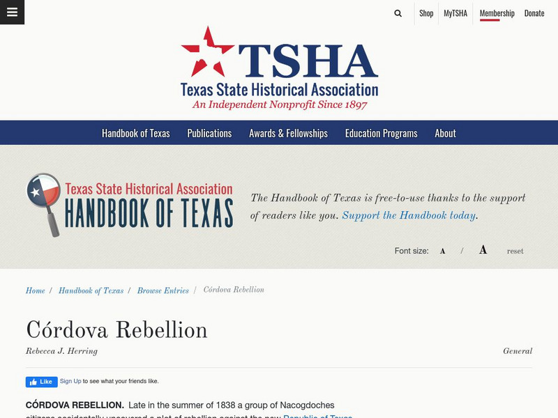 Texas State Historical Association: Cordova Rebellion Article