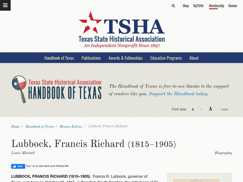 Texas State Historical Association: Francis Richard Lubbock Article