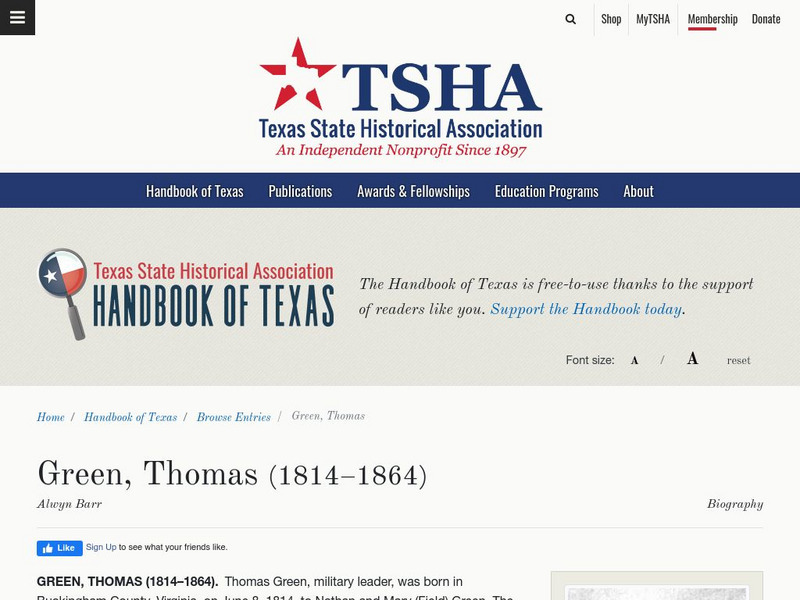 Texas State Historical Association: Thomas Green Article
