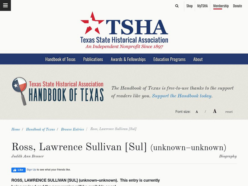 Texas State Historical Association: Lawrence Sullivan (Sul) Ross Article Texas State Historical Association: Lawrence Sullivan (Sul) Ross Article