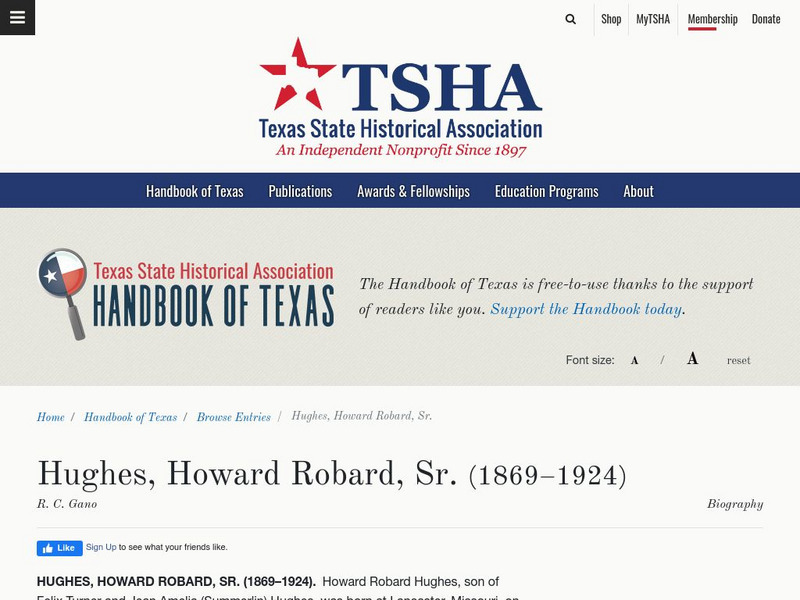 Texas State Historical Association: Howard Robard Hughes, Sr. Article Texas State Historical Association: Howard Robard Hughes, Sr. Article