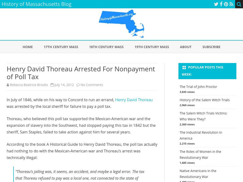 History of Massachusetts: Henry Thoreau Arrested for Nonpayment of Poll Tax Article History of Massachusetts: Henry Thoreau Arrested for Nonpayment of Poll Tax Article