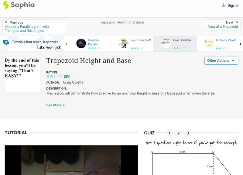 Sophia: Trapezoid Height and Base: Lesson 3 Instructional Video Sophia: Trapezoid Height and Base: Lesson 3 Instructional Video