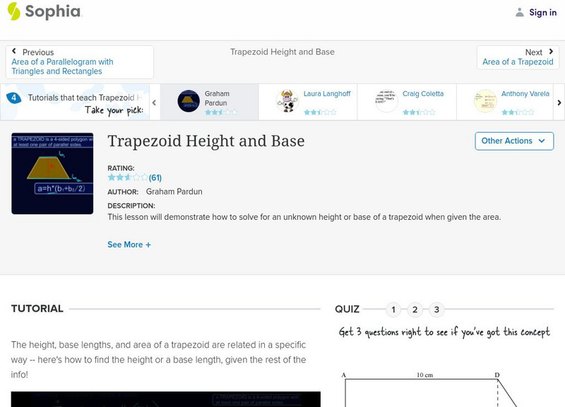 Sophia: Trapezoid Height and Base: Lesson 5 Instructional Video Sophia: Trapezoid Height and Base: Lesson 5 Instructional Video