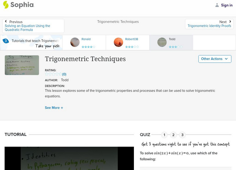 Sophia: Trigonemetric Techniques: Lesson 5 Instructional Video
