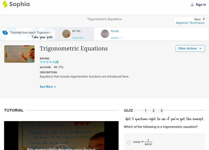 Sophia: Trigonometric Equations: Lesson 2 Instructional Video