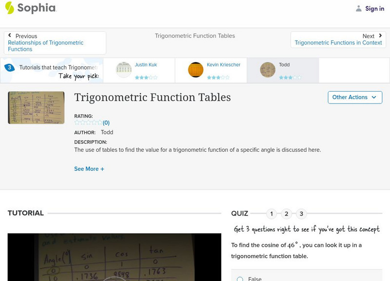 Sophia: Trigonometric Function Tables: Lesson 4 Instructional Video