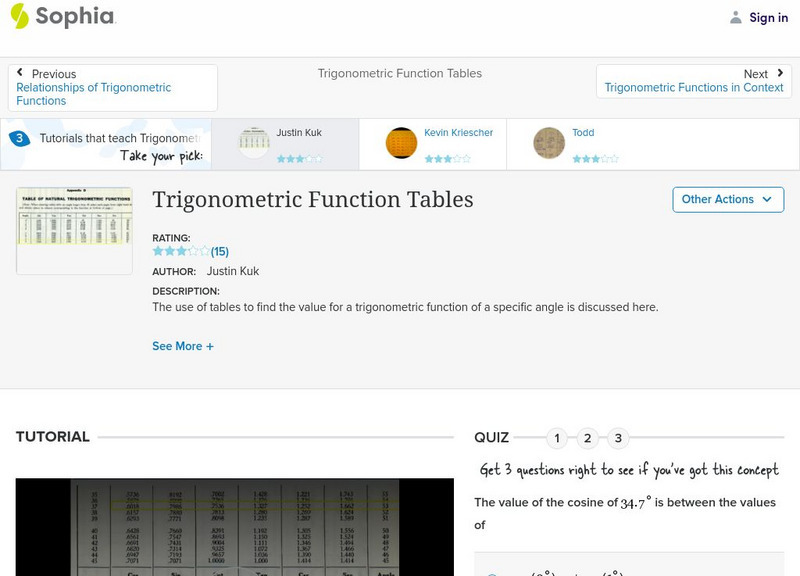 Sophia: Trigonometric Function Tables: Lesson 1 Instructional Video