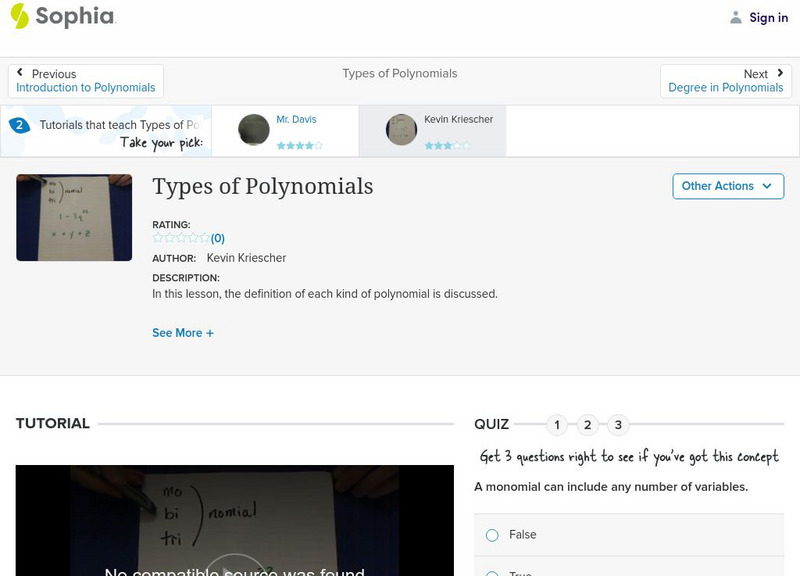 Sophia: Types of Polynomials: Lesson 2 Instructional Video