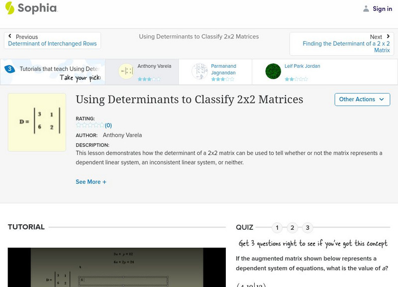 Sophia: Using Determinants to Classify 2x2 Matrices Instructional Video