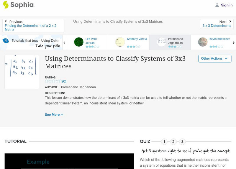 Sophia: Using Determinants to Classify Systems of 3x3 Matrices Instructional Video