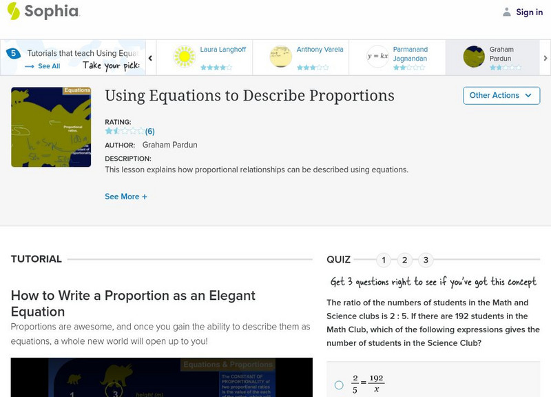 Sophia: Using Equations to Describe Proportions Instructional Video Sophia: Using Equations to Describe Proportions Instructional Video