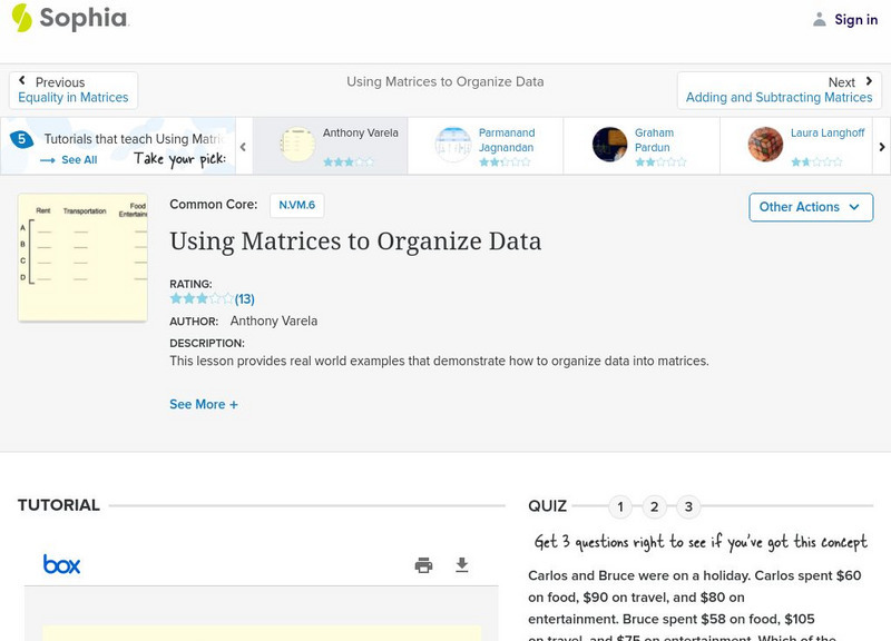 Sophia: Using Matrices to Organize Data: Lesson 2 PPT