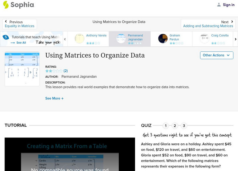 Sophia: Using Matrices to Organize Data: Lesson 5 Instructional Video Sophia: Using Matrices to Organize Data: Lesson 5 Instructional Video