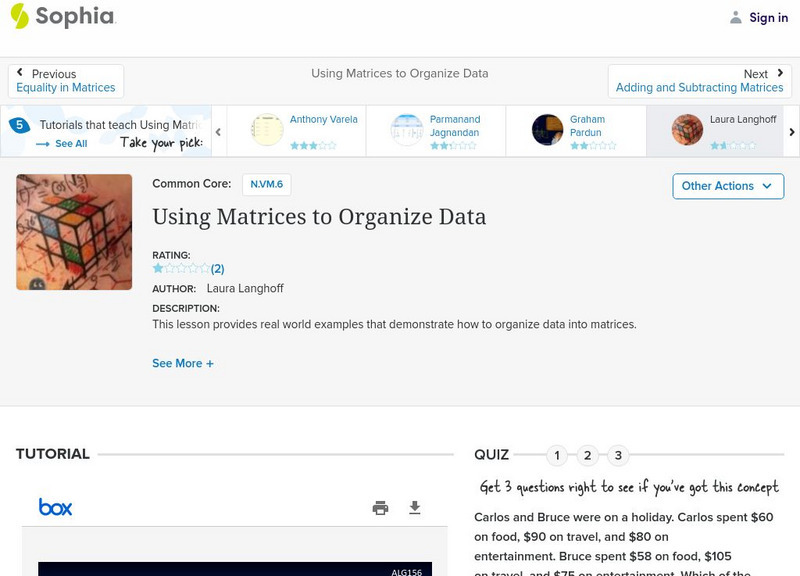 Sophia: Using Matrices to Organize Data: Lesson 1 PPT