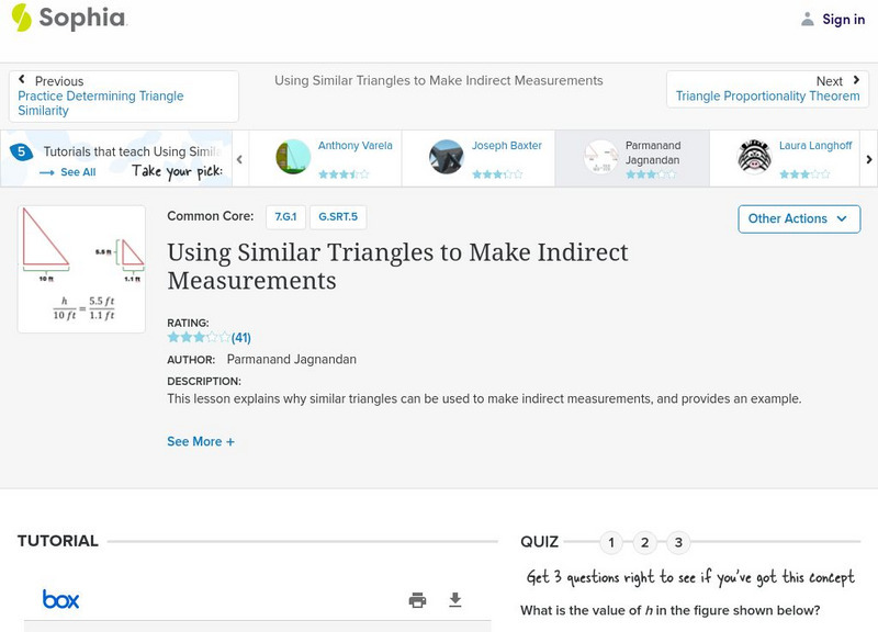 Sophia: Using Similar Triangles to Make Indirect Measurements: Lesson 5 PPT Sophia: Using Similar Triangles to Make Indirect Measurements: Lesson 5 PPT