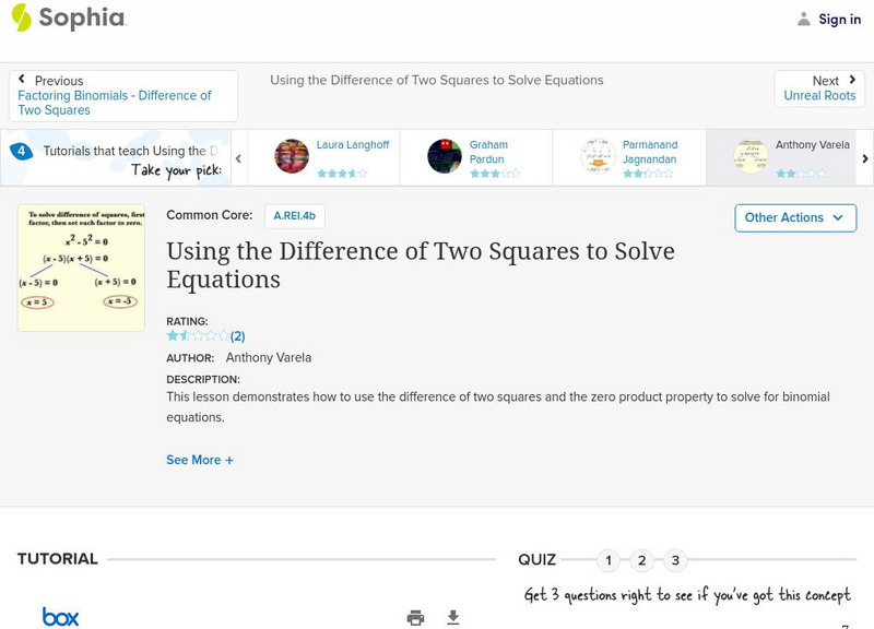 Sophia: Using the Difference of Two Squares to Solve Equations: Lesson 2 PPT Sophia: Using the Difference of Two Squares to Solve Equations: Lesson 2 PPT