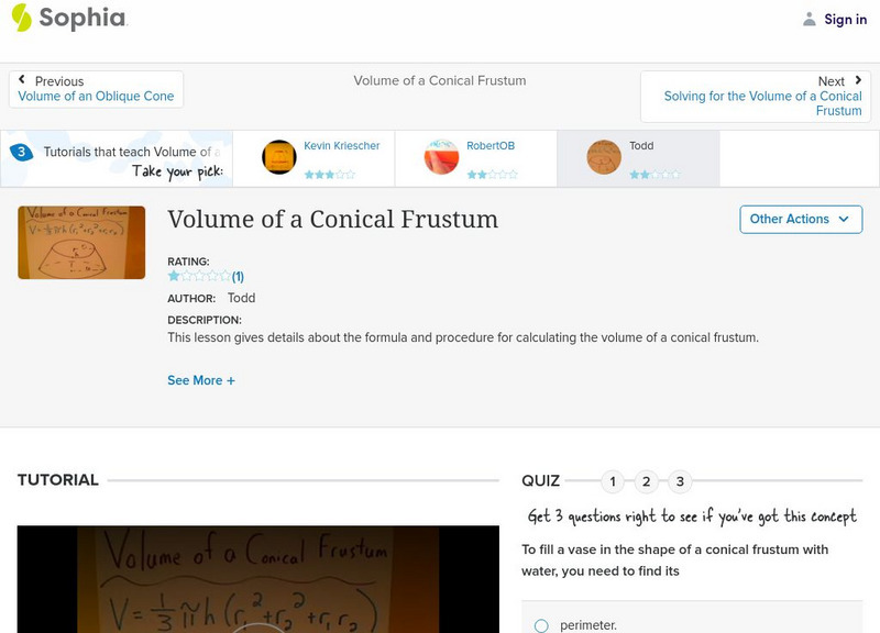 Sophia: Volume of a Conical Frustum Instructional Video