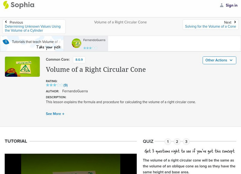 Sophia: Volume of a Right Circular Cone: Lesson 5 Instructional Video