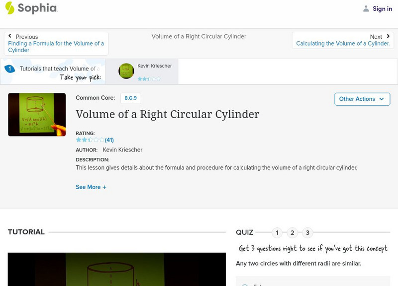 Sophia: Volume of a Right Circular Cylinder Instructional Video Sophia: Volume of a Right Circular Cylinder Instructional Video