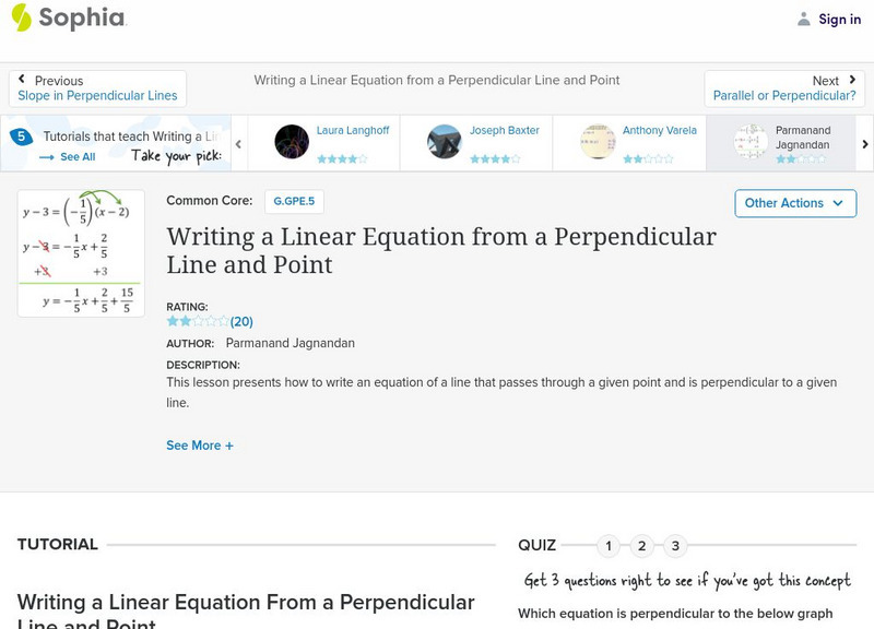 Sophia: Writing a Linear Equation From a Perpendicular Line and Point PPT Sophia: Writing a Linear Equation From a Perpendicular Line and Point PPT