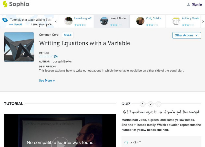 Sophia: Writing Equations With a Variable: Lesson 2 Instructional Video Sophia: Writing Equations With a Variable: Lesson 2 Instructional Video