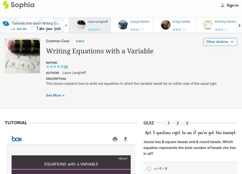 Sophia: Writing Equations With a Variable: Lesson 1 PPT Sophia: Writing Equations With a Variable: Lesson 1 PPT